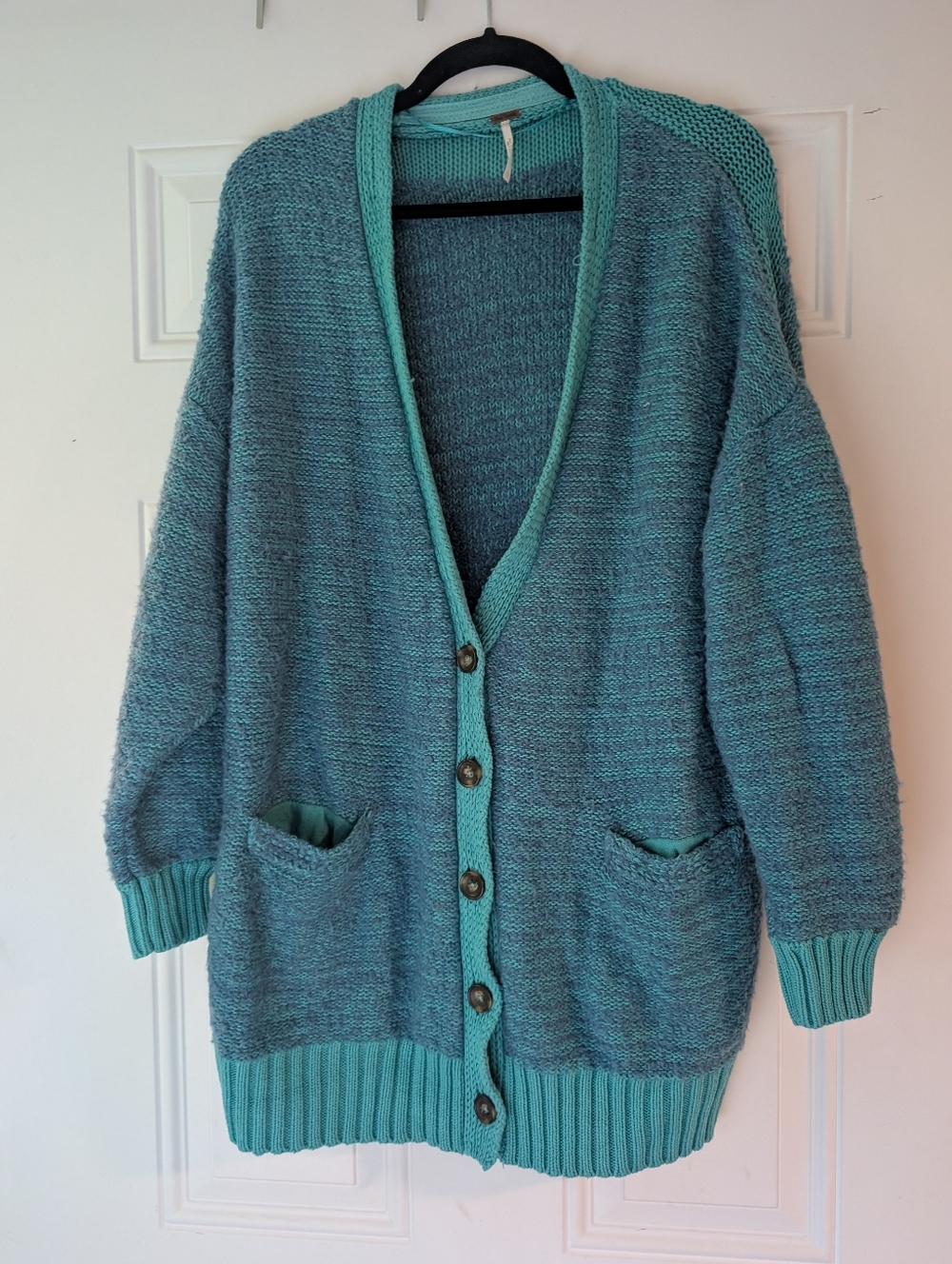 Free People‎ Teal Two-Tone Button Front Cardigan With Pockets